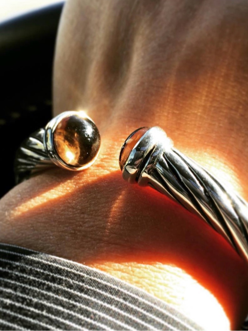 925 Silver Cable Cuff Bracelet with Smoky Quartz. - Picture 9 of 11
